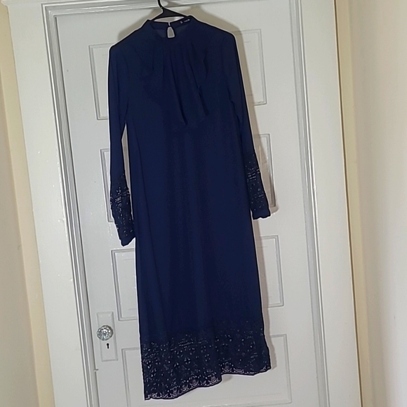 SHEIN Navy Smocked Midi Dress Ruffle Collar Lace Trim XS - Picture 5 of 17